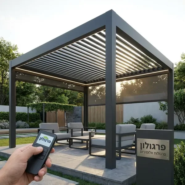 פרגולה חשמלית בגינה פרטית עם גג מתכוונן