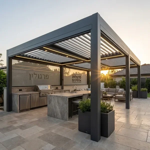 פרגולה חשמלית משולבת עם מטבח חוץ